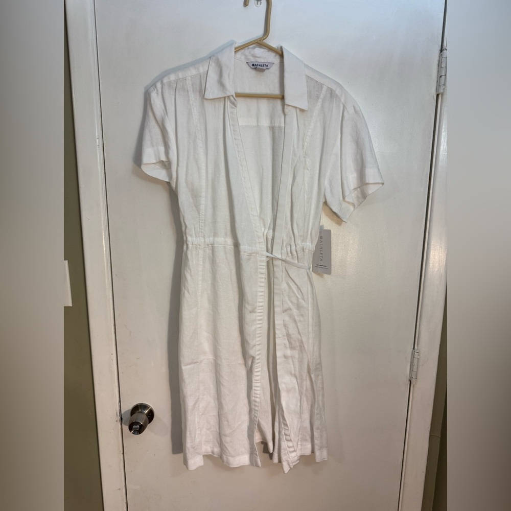 Athleta NWT size 8 100% linen White Short Sleeve wrap Dress casual summer beach